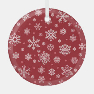 Snowflakes, red decor, Christmas pattern. Glass Ornament