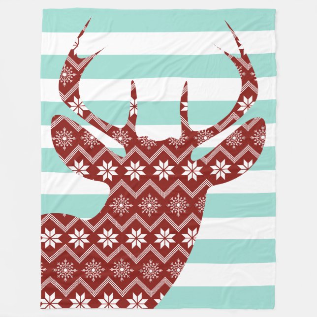 Snowflakes Red Deer Blue Stripes Blanket (Front)
