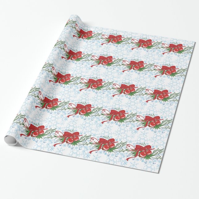 Snowflakes Red Green Christmas Colours Bow Berries Wrapping Paper (Unrolled)