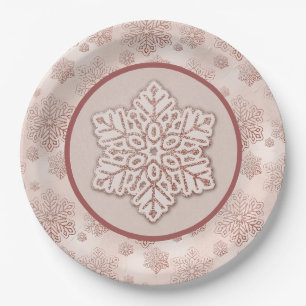 Snowflakes Rose Gold Glitter Pink Paper Plate