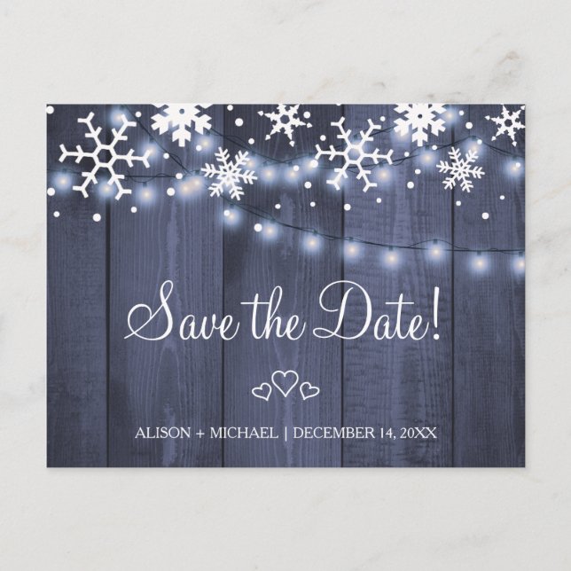 Snowflakes rustic hanging lights wedding save date announcement postcard (Front)
