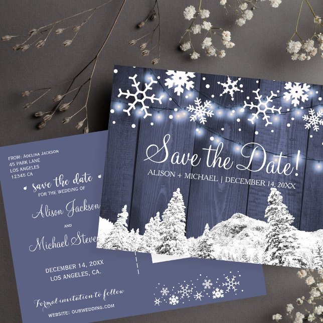 Snowflakes rustic hanging lights wedding save date announcement postcard (Creator Uploaded)