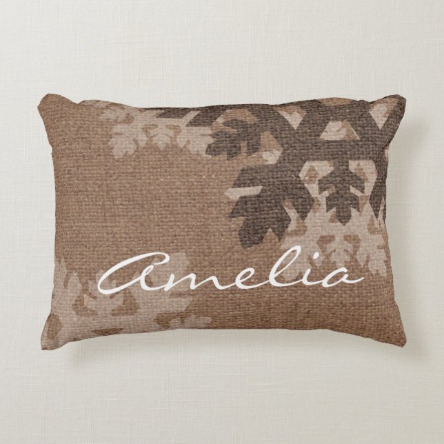 Snowflakes Rustic Home Decor Faux Burlap Monogram Accent Pillow (Front)