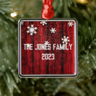 Snowflakes Rustic Red Wood Family Name Metal Ornament