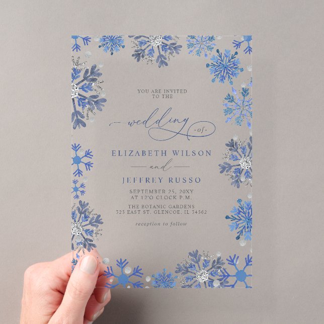 Snowflakes Silver Blue Christmas Winter Wedding Acrylic Invitations (Insitu (Handheld))