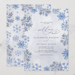 Snowflakes Silver Blue Christmas Winter Wedding Invitation