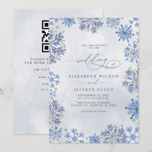 Snowflakes Silver Blue Winter QR Code Wedding Invitation