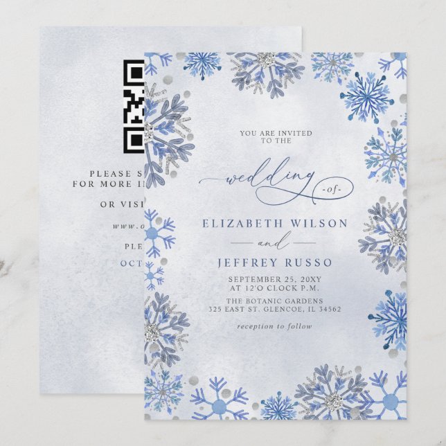 Snowflakes Silver Blue Winter QR Code Wedding Invitation (Front/Back)