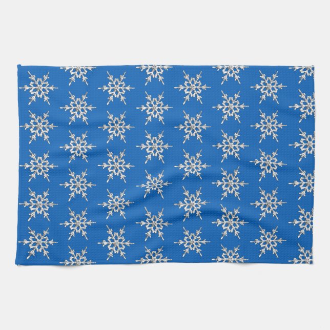 Snowflakes, silver crystals on cobalt blue kitchen towel (Horizontal)