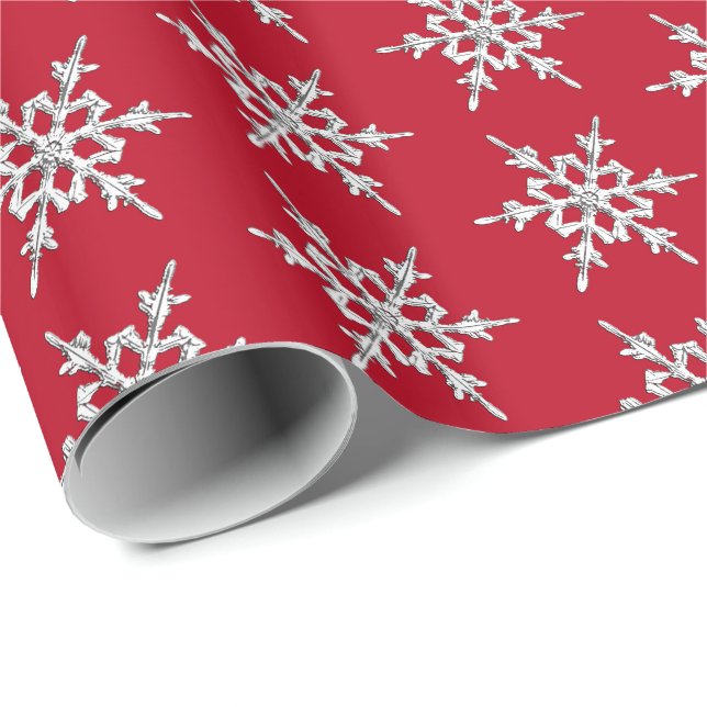 Snowflakes, silver crystals on dark red wrapping paper (Roll Corner)