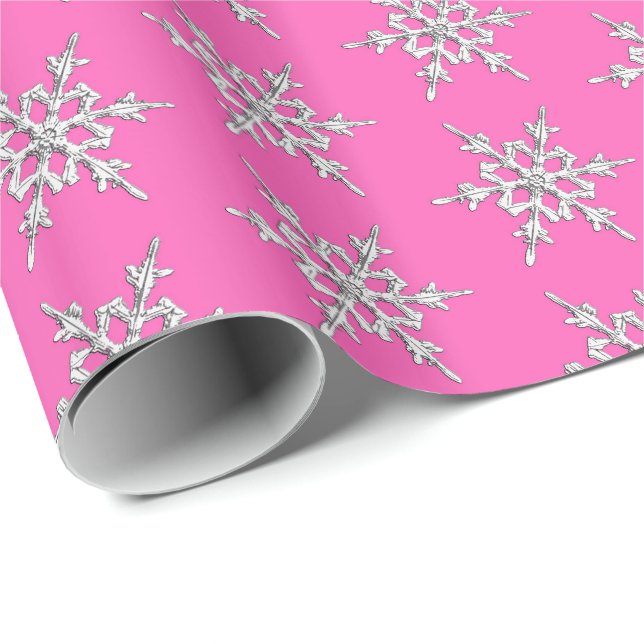 Snowflakes, silver crystals on fuchsia pink wrapping paper (Roll Corner)