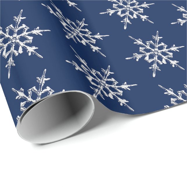 Snowflakes, silver crystals on navy blue wrapping paper (Roll Corner)