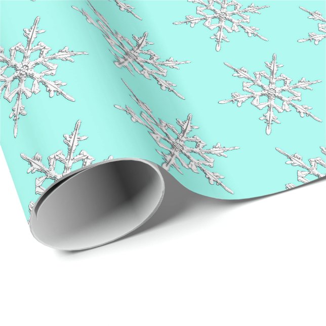 Snowflakes, silver crystals on pale aqua wrapping paper (Roll Corner)