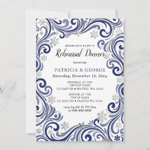  Snowflakes Silver Navy Winter Rehearsal Dinner Invitation