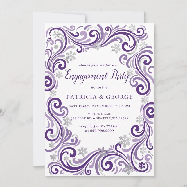  Snowflakes Silver Purple Winter Engagement Invitation (Front)
