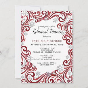Snowflakes Silver Red Winter Rehearsal Dinner Invitation