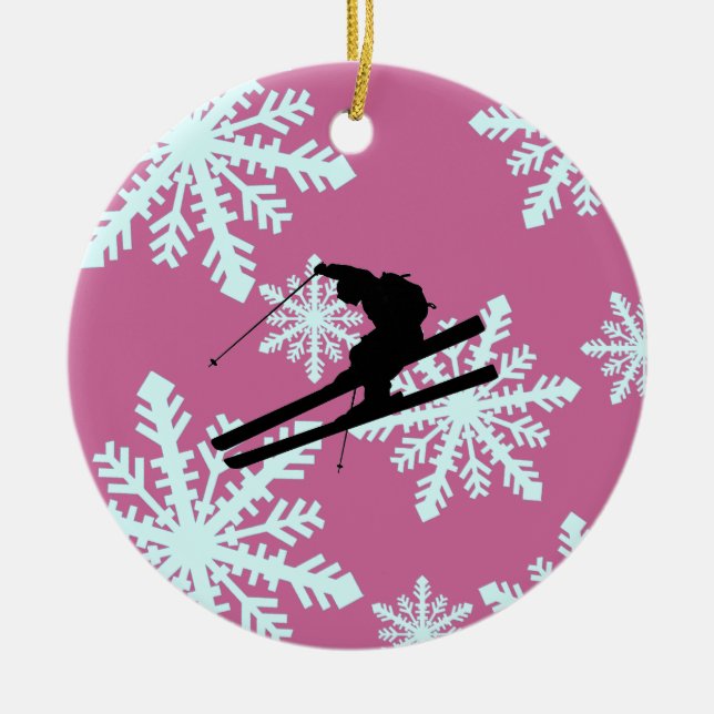 snowflakes skiing ceramic ornament (Front)