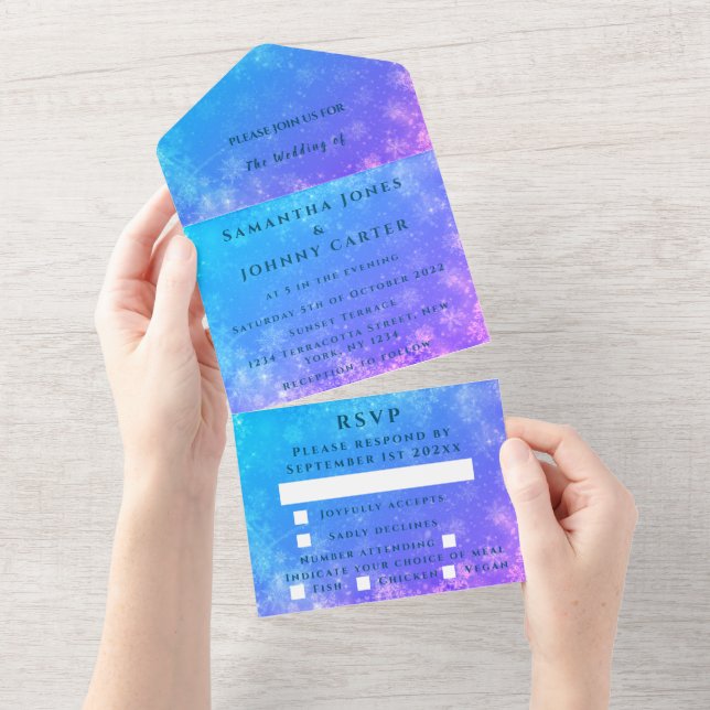 Snowflakes Snow Blue Winter Wonderland Wedding All In One Invitation (Tearaway)