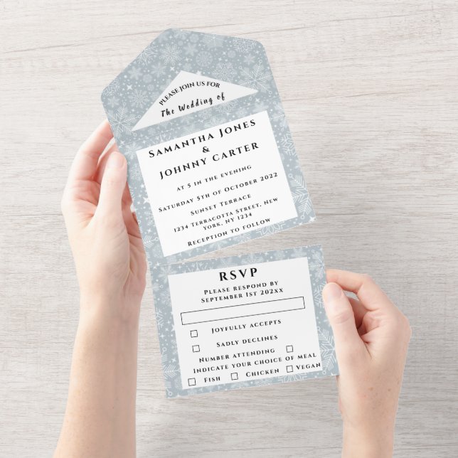 Snowflakes Snow Grey Winter Wonderland Wedding All In One Invitation (Tearaway)