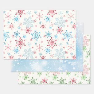 Snowflakes, snow, stars, blue winter sky wrapping paper sheet