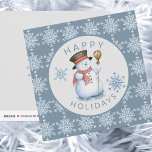 Snowflakes Snowman Happy Holidays Blue Grey Holiday Card<br><div class="desc">Winter holidays / Christmas dusty blue and light grey holiday square card with "Happy Holidays" modern typography style featuring a watercolor hand painted funny snowman and stylized snowflakes pattern on a bright coral red blue background. Your hand-lettered calligraphy wishes and signature on reverse. Suitable for seasonal family or business corporate...</div>