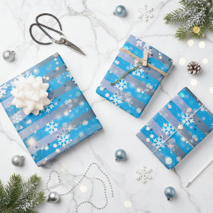 Snowflakes Sparkles and Lights On Blue Stripes Wrapping Paper Sheet