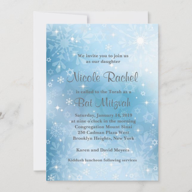 Snowflakes Star of David Invitation Bat mitzvah (Devant)
