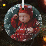 Snowflakes & Stars Baby's 1st Christmas Photo Glass Ornament<br><div class="desc">Beautiful round glass Christmas ornament to celebrate your baby's first Christmas. Add a photo of your baby, boy or girl, and their name and the year. White snowflakes and stars are printed on your photo to give it a beautifully wintery feel. Snowflake and star themed first Christmas ornament in glass...</div>