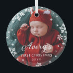 Snowflakes & Stars Baby's 1st Christmas Photo Glass Ornament<br><div class="desc">Beautiful round glass Christmas ornament to celebrate your baby's first Christmas. Add a photo of your baby, boy or girl, and their name and the year. White snowflakes and stars are printed on your photo to give it a beautifully wintery feel. Snowflake and star themed first Christmas ornament in glass...</div>