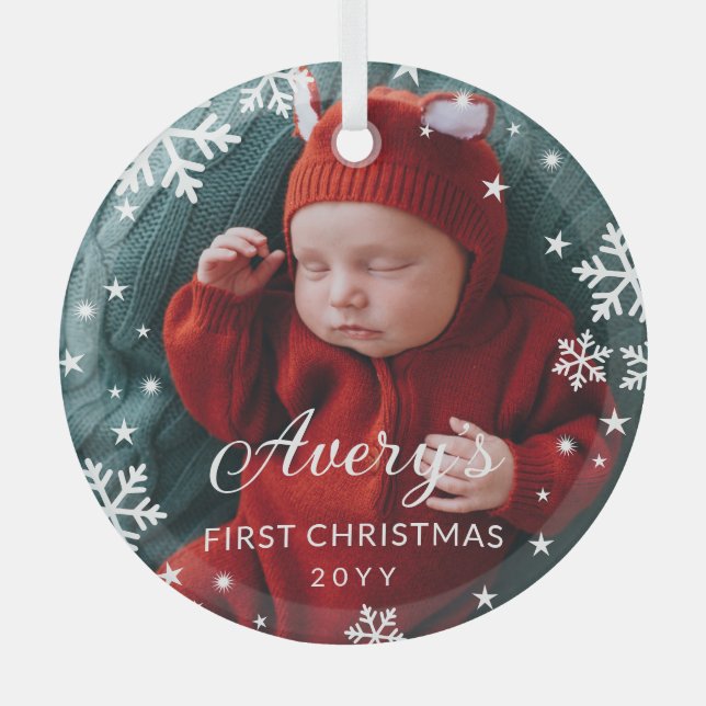 Snowflakes & Stars Baby's 1st Christmas Photo Glass Ornament (Front)