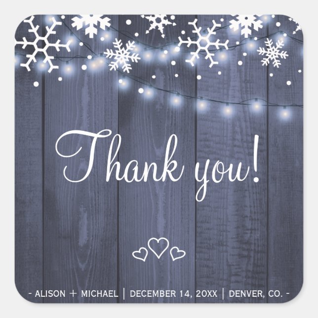Snowflakes string lights rustic barn wood wedding square sticker (Front)