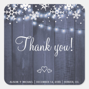 Snowflakes string lights rustic barn wood wedding square sticker