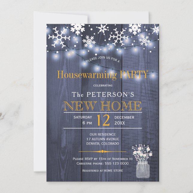 Snowflakes string lights winter housewarming party invitation (Front)