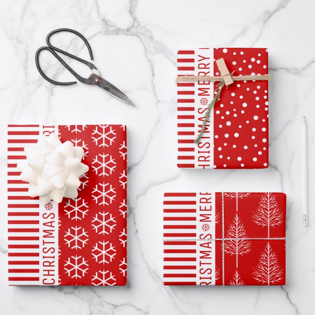 Snowflakes, stripes and Christmas trees red Wrapping Paper Sheet (Front)