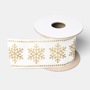 Snowflakes Stripes White Christmas Gold Satin Ribbon