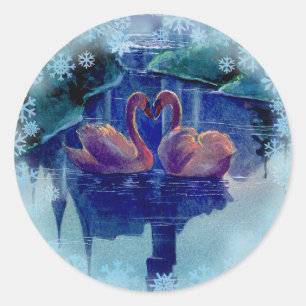 SNOWFLAKES & SWAN WREATH by SHARON SHARPE Classic Round Sticker