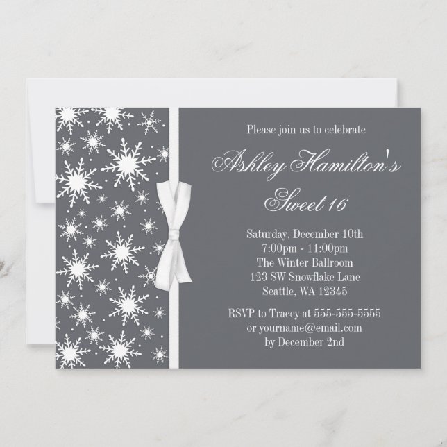 Snowflakes Sweet 16 Winter Wonderland Grey Invitation (Front)