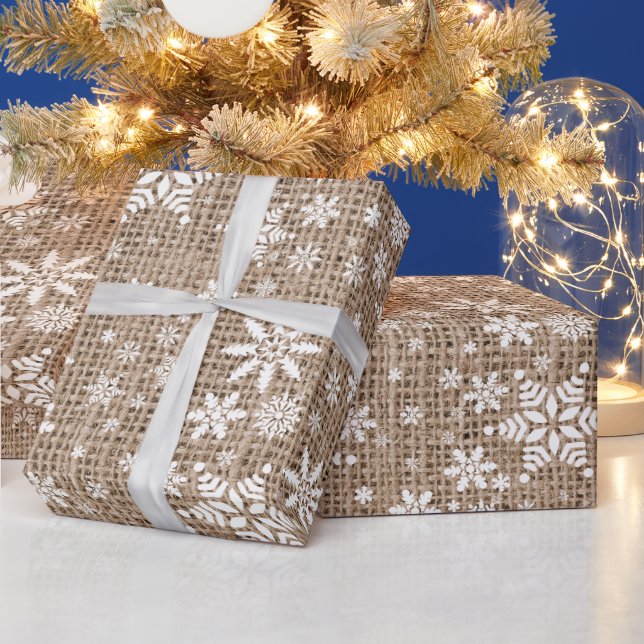 Snowflakes - Tan Burlap Texture Wrapping Paper (Holidays)