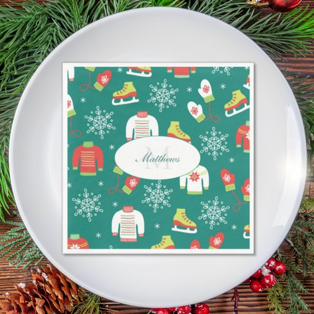 Snowflakes Teal Monogram Pattern Christmas Party Napkin (Creator Uploaded)