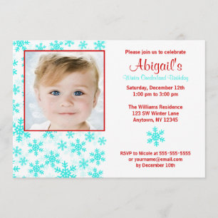 Snowflakes Teal Red Winter Onederland Birthday Invitation