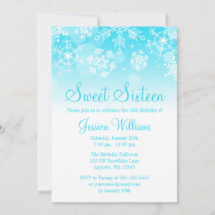 Snowflakes Teal White Winter Wonderland Sweet 16 Invitation