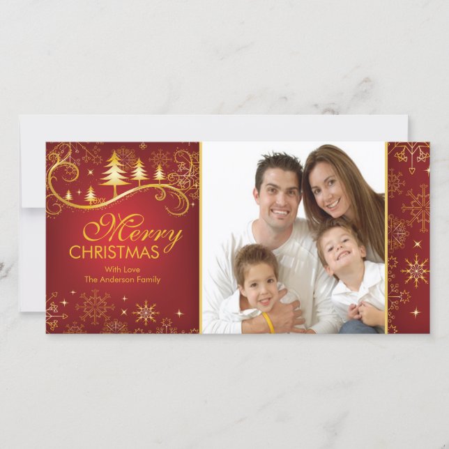 Snowflakes & Trees Merry Christmas Family Photo Holiday Card (Front)