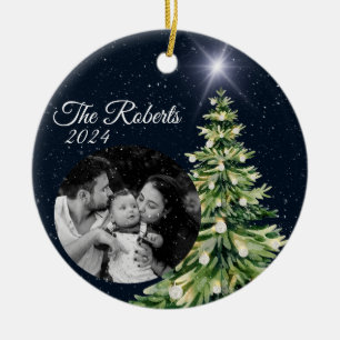 Snowflakes & Trees Winter Charm Elegant Navy Blue Ceramic Ornament