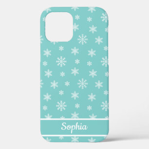 Snowflakes Turquoise pattern personalized name iPhone 12 Case