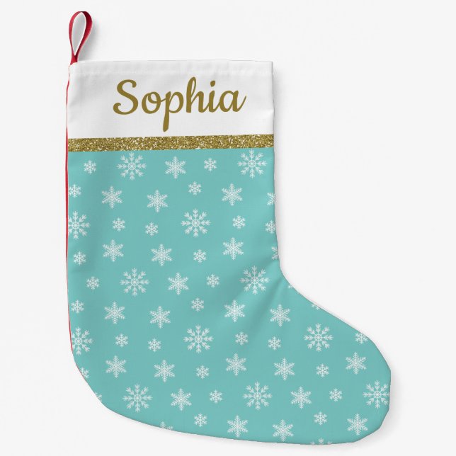 Snowflakes Turquoise pattern personalized name Small Christmas Stocking (Front)