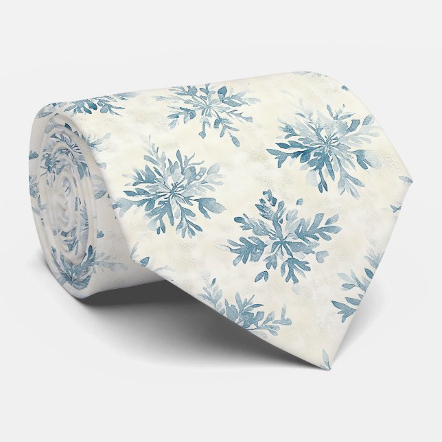 Snowflakes Watercolor Blue Tie (Rolled)