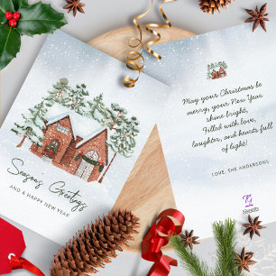 Snowflakes Watercolor Nordic Christmas Pine Trees Holiday Card