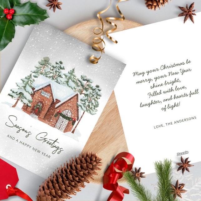 Snowflakes Watercolor Scandi Christmas Pine Trees Holiday Card (Creator Uploaded)
