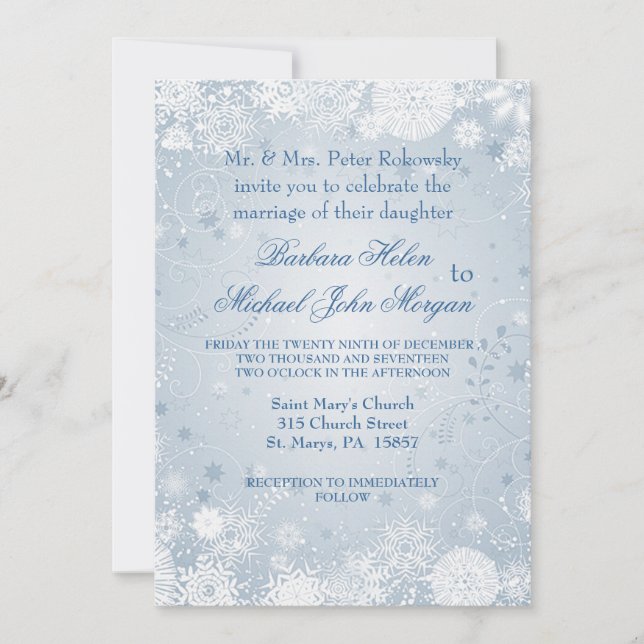 Snowflakes white silver blue Wedding Invitation (Front)