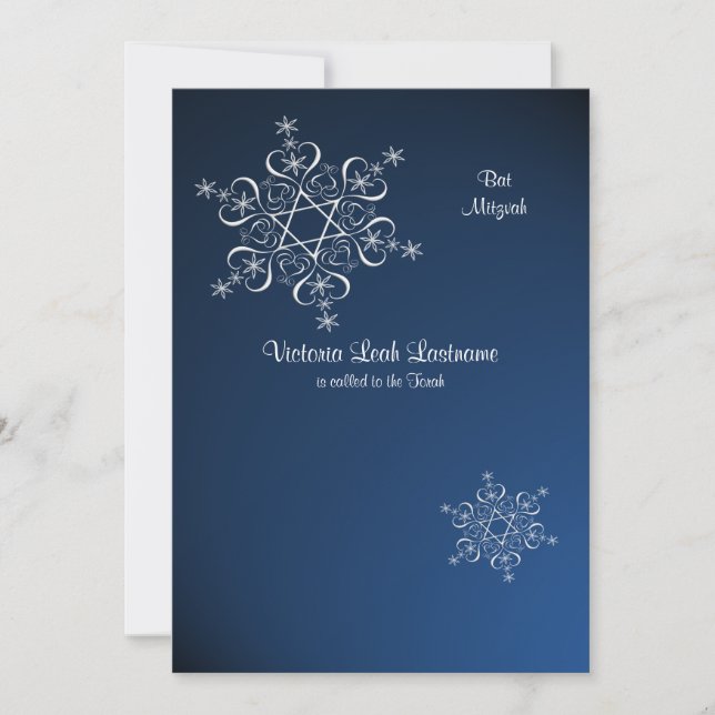 Snowflakes Winter Bat Mitzvah Blue Invitation (Front)
